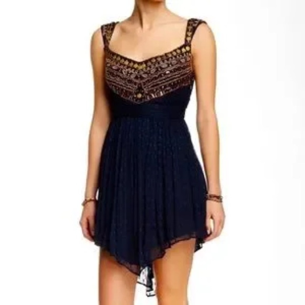 FREE PEOPLE Indigo Jeweled Chevron Embellished Asymmetrical Chiffon Mini Dress
